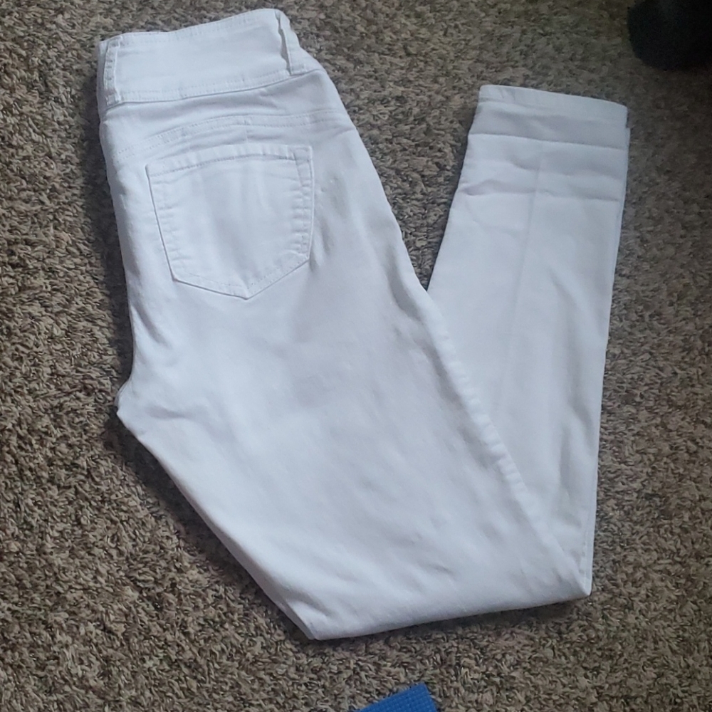 White Three Button Blue Spike Skinny Jeans